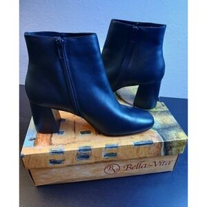 Bella Vita Wilma Black Leather Square Toe Block Heel Ankle Boots 8.5W 50-4002